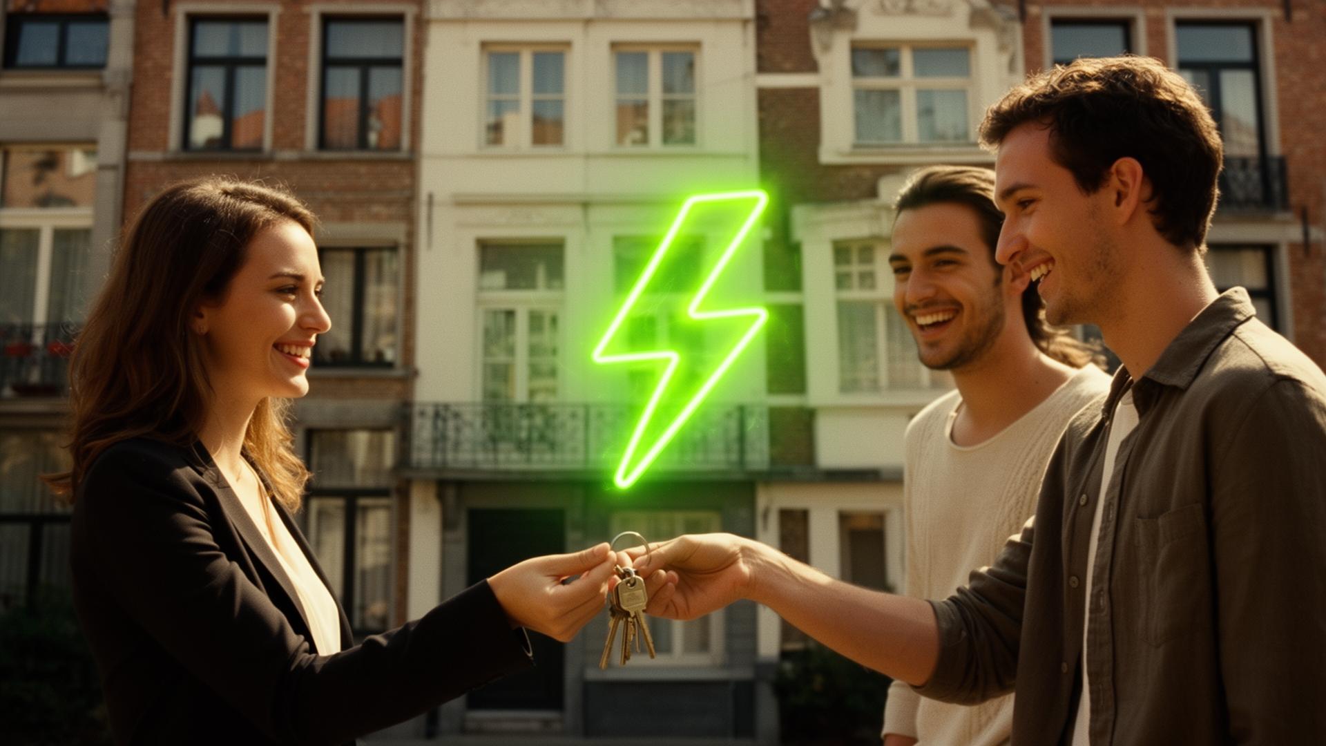 Een Bolt-makelaar overhandigt sleutels aan een jong koppel, met een neongroene bliksem die hen verbindt.