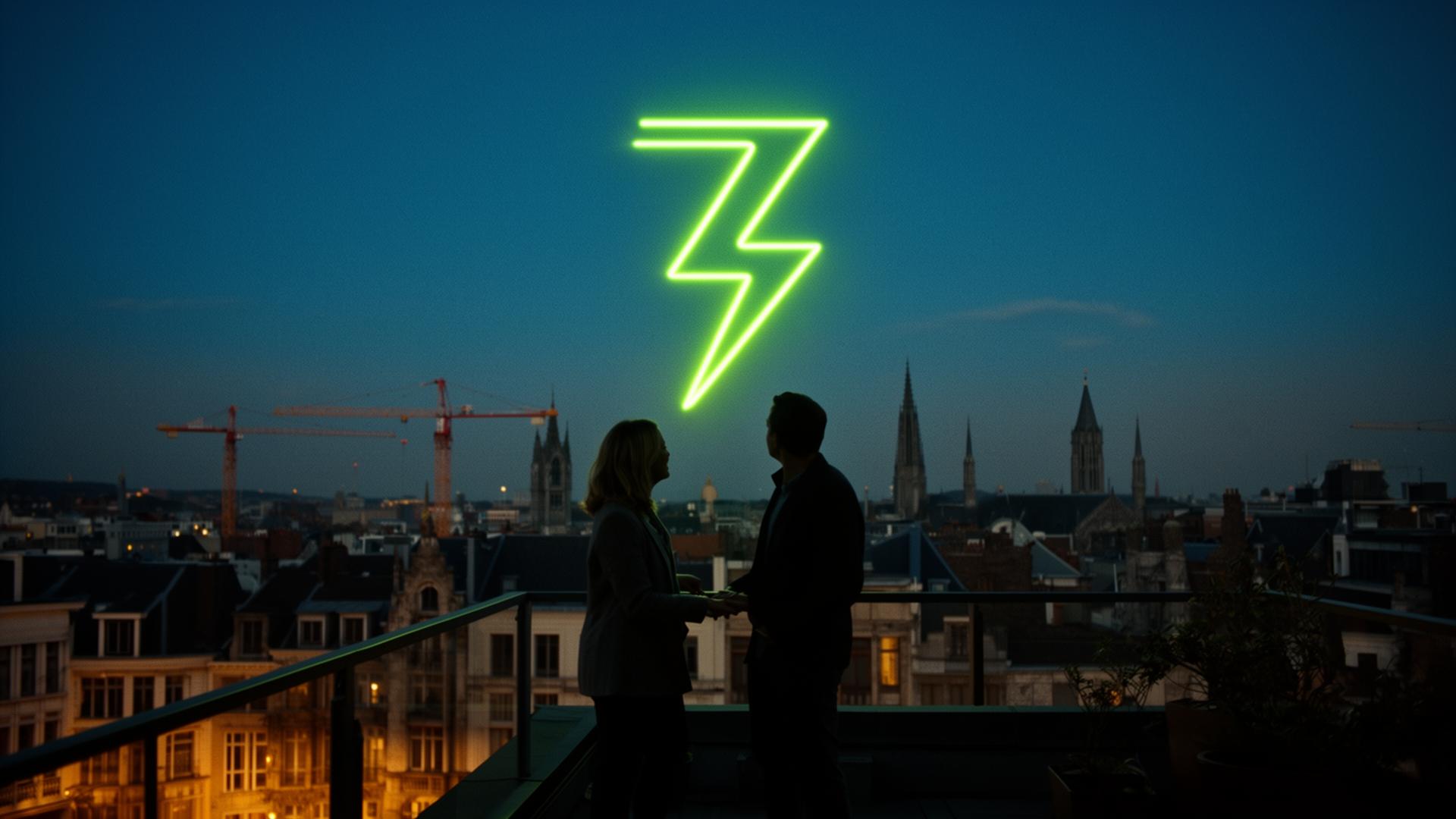 Twee silhouetten op een dakterras met een neon groene bliksem boven de Antwerpse skyline.