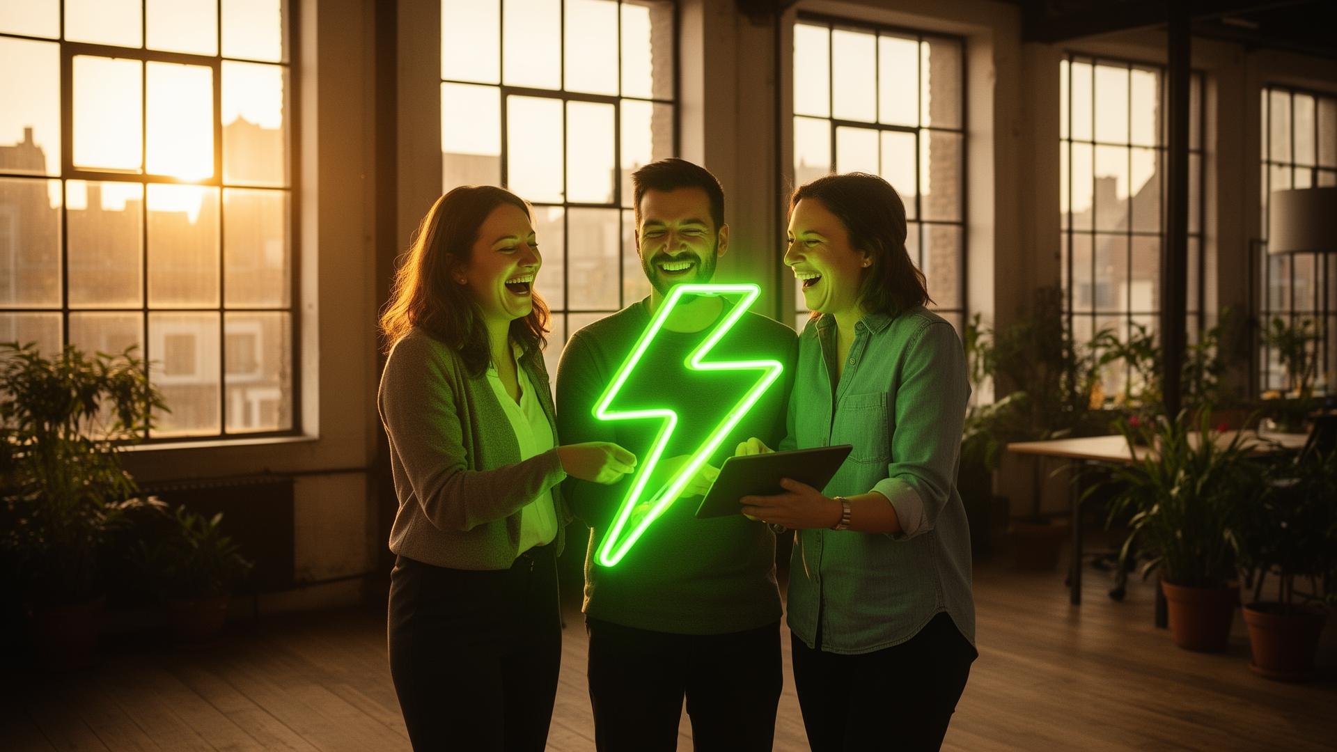 Het Bolt team rond een neon groene bliksem in een loftkantoor.
