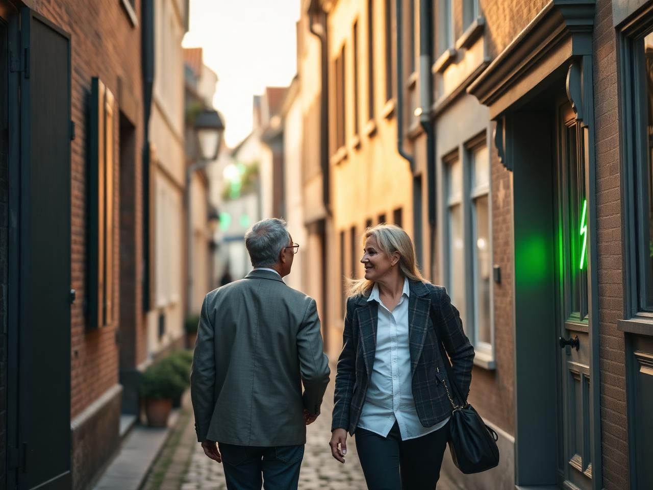 Klant en makelaar wandelen door een charmante Belgische straat, neongroene bliksem op een deur