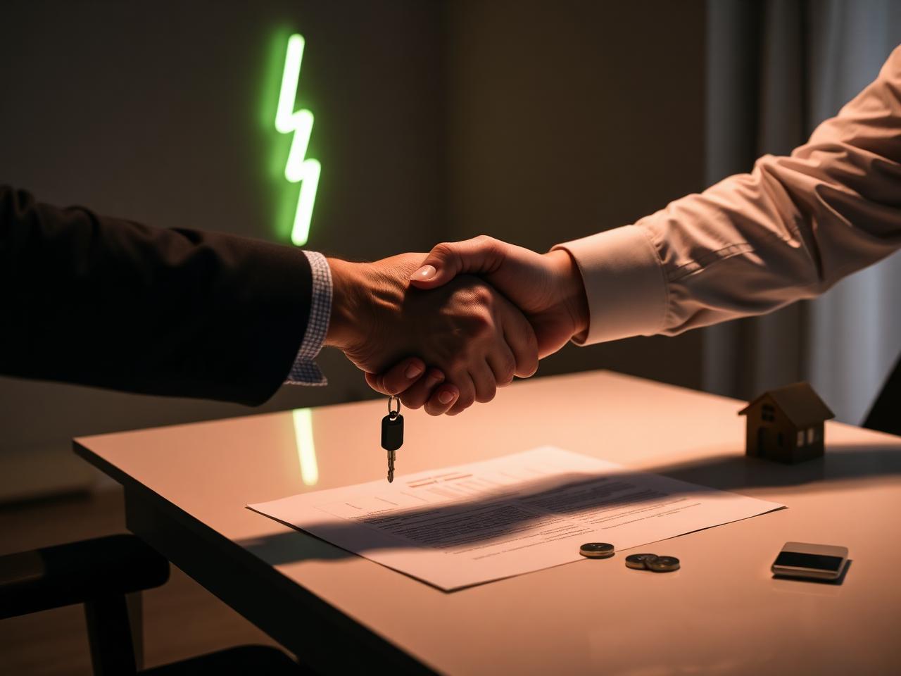 Handdruk over een contract en huissleutels met neongroene bliksem-neon op de achtergrond