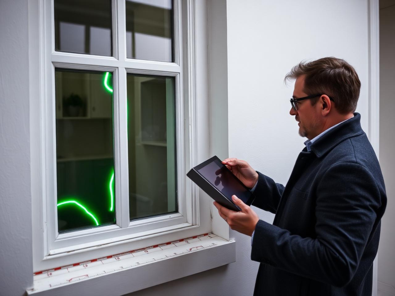 Erkende makelaar die een woning opmeet met tablet, met neongroene bliksem zichtbaar in het raam