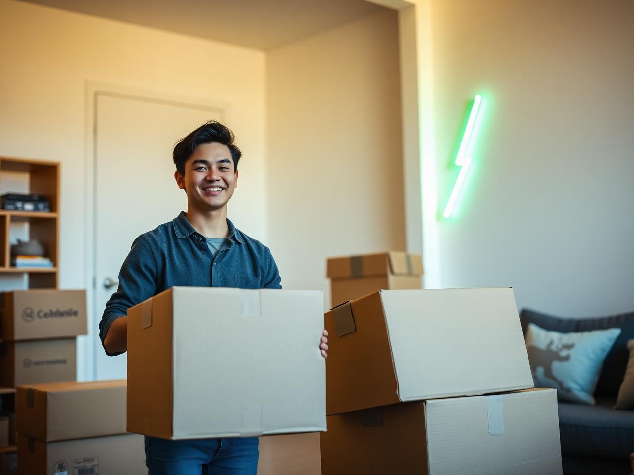 Lachende huurder die intrekt in een licht modern appartement met neongroene bliksem aan de muur